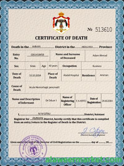 Jordan vital record death certificate PSD template